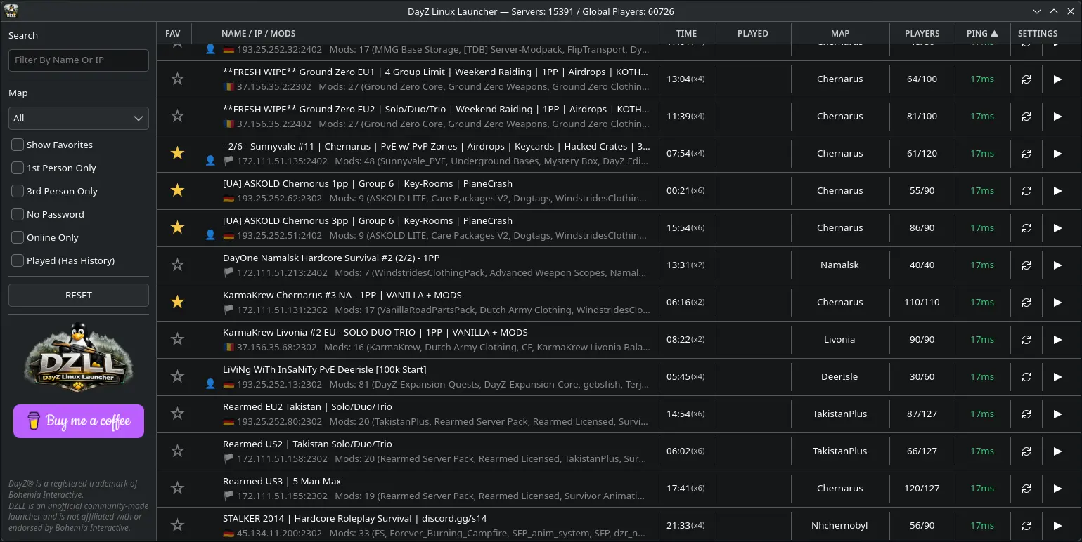 DZLL main launcher window showing the DayZ Linux Launcher server browser